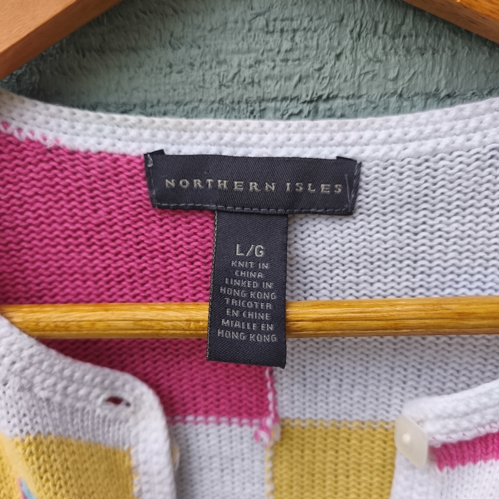 Vintage Northern Isles Checkerboard Beach Print Cardigan sz L Ivory Pink Multi - Picture 5 of 11
